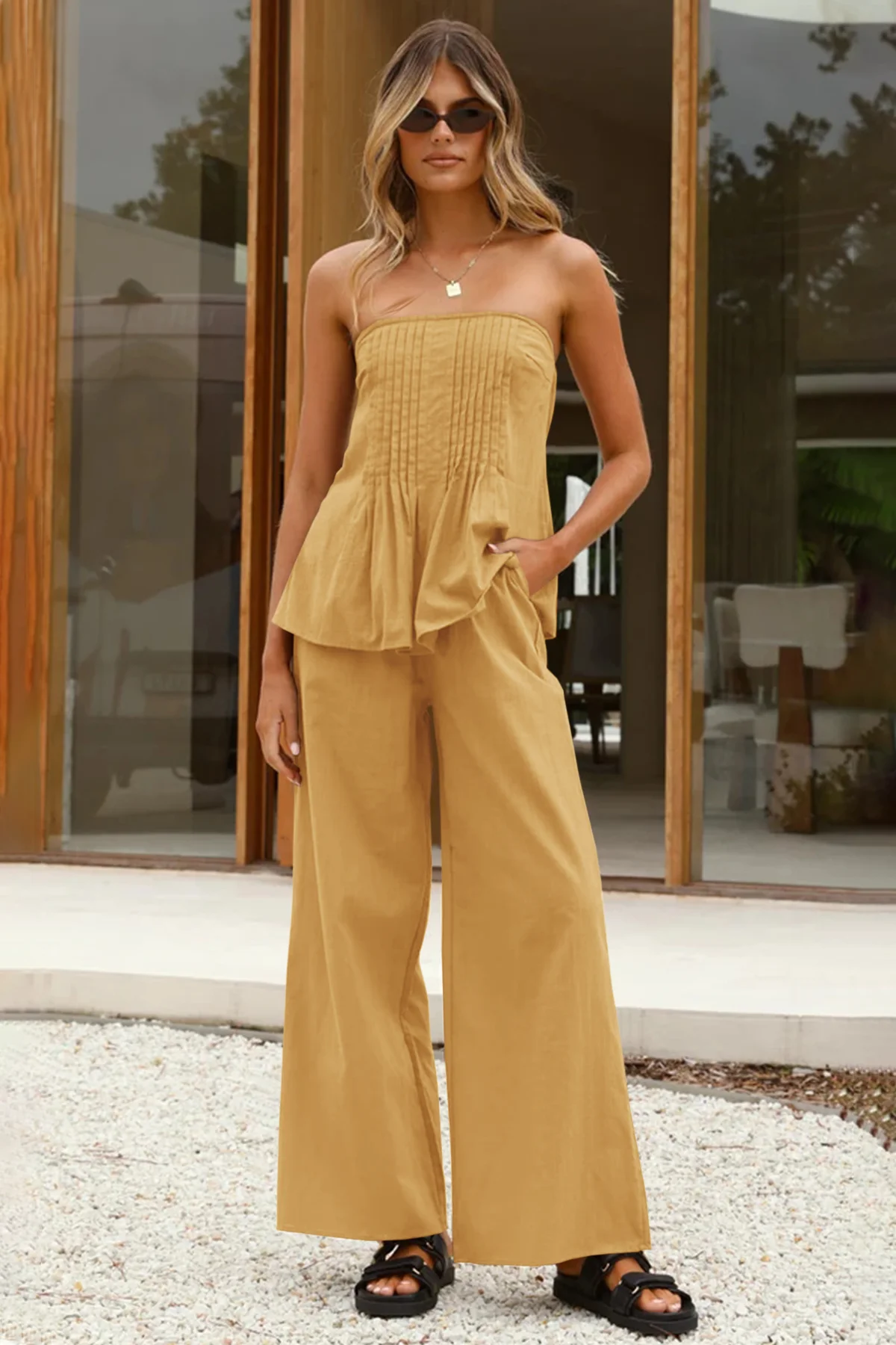 Tankaneo Womens 2 Piece Outfits Summer Strapless Tube Tops Wide Leg Pants Cotton Vacation Pleated Matching Lounge Set