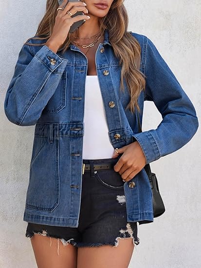 Tankaneo Denim Jacket for Women Distressed Jean Jacket Button Down Oversized Shacket with Pockets 2025
