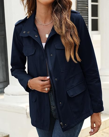 Tankaneo  Women Military Anorak Jackets Zip Up Snap Buttons Parka Safari Utility Coats Outwear with Pocket