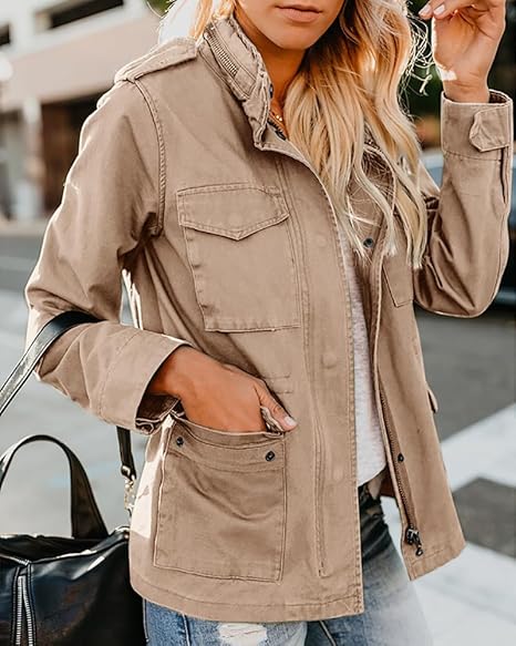 Tankaneo  Women Military Anorak Jackets Zip Up Snap Buttons Parka Safari Utility Coats Outwear with Pocket